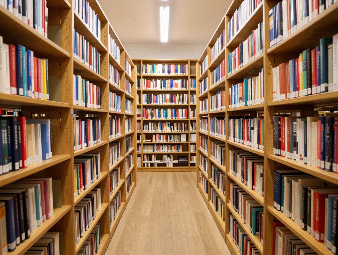 Wnętrze nowoczesnej biblioteki z biurkami, bogatą kolekcją książek i naturalnym światłem - symbol wiedzy i edukacji