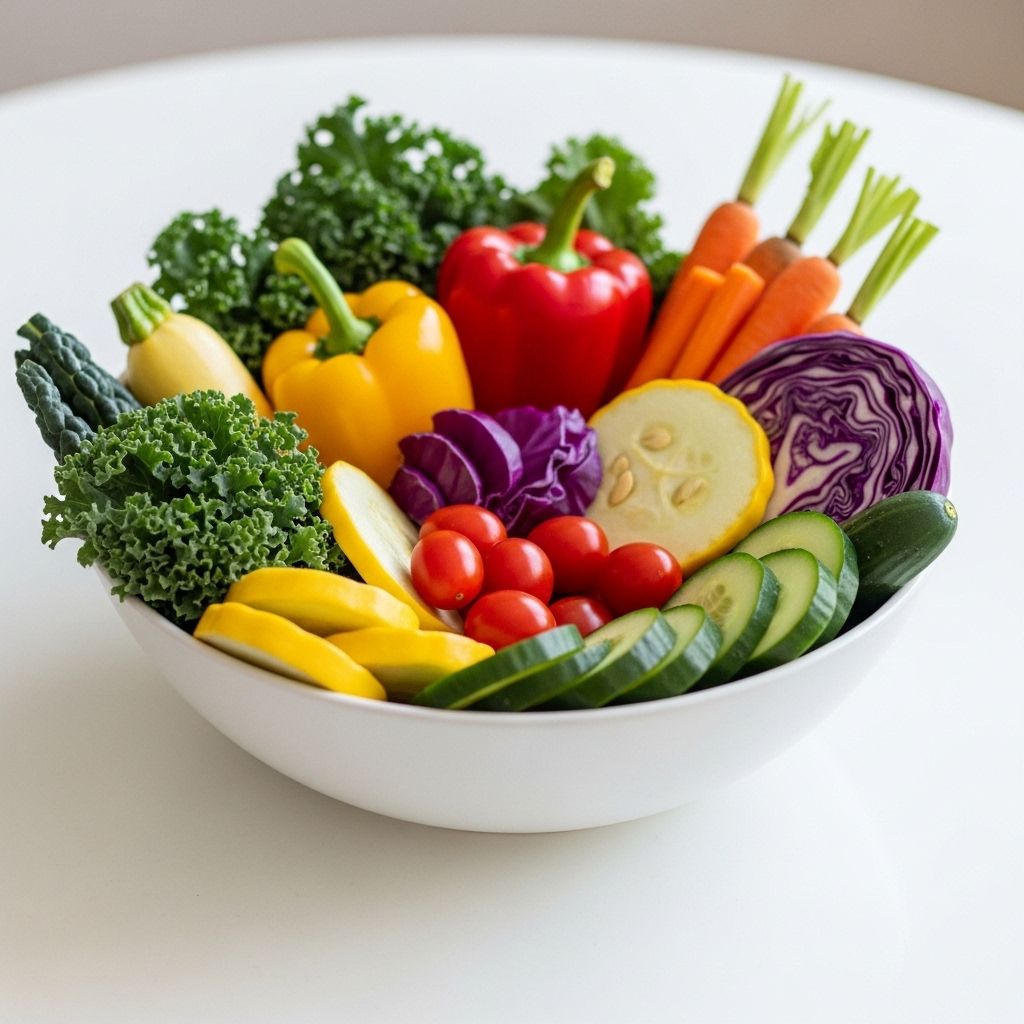 Duża miska pełna świeżych, różnobarwnych warzyw na białym stole, podkreślająca zróżnicowanie diety