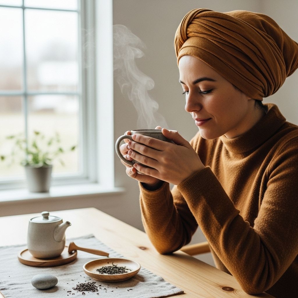 Osoba pijąca herbatę ziołową w spokojnym, jasnym wnętrzu, symbolizująca relaks i uważność w codziennym życiu