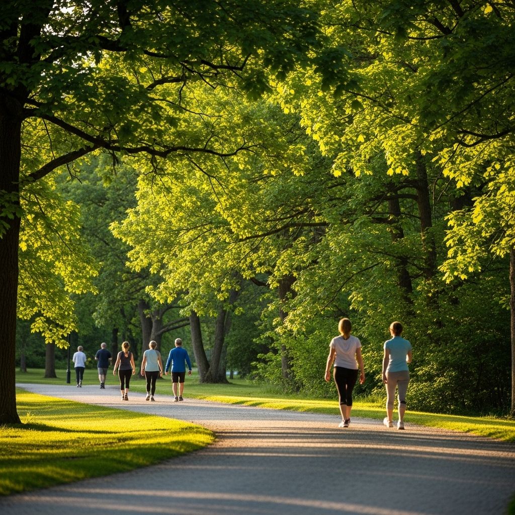 Parkowa ścieżka z idącymi w tle ludźmi wśród zielonych drzew, symbolizująca łagodną aktywność fizyczną na świeżym powietrzu