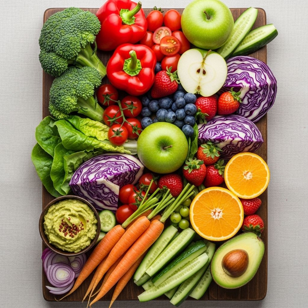 Zróżnicowane, świeże warzywa i owoce na drewnianej desce, symbolizujące zdrowe składniki odżywcze
