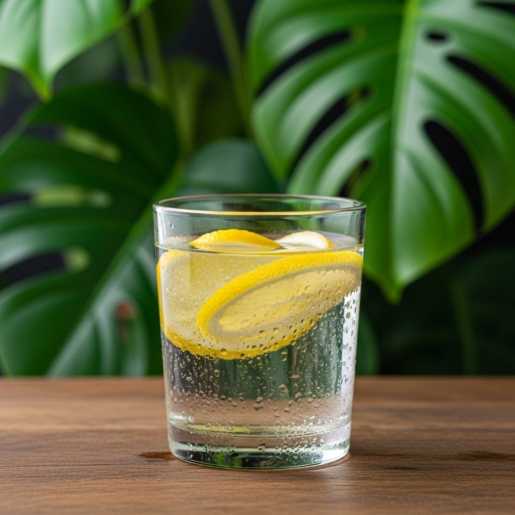 Szklanka wody z cytryną na tle zielonych liści, podkreślająca znaczenie nawodnienia organizmu