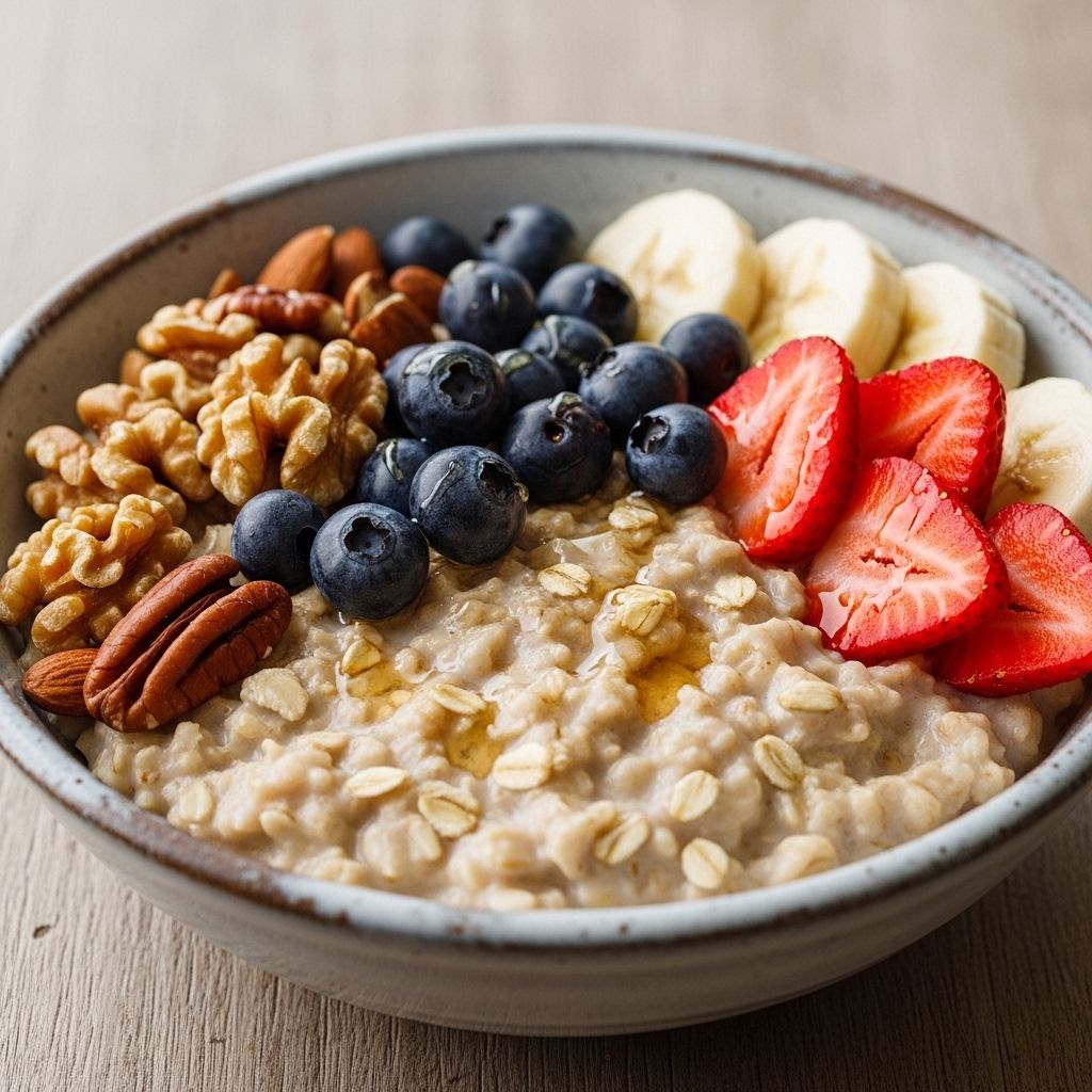 Miseczka pełnoziarnistej owsianki z orzechami i owocami, jako przykład zbilansowanego posiłku