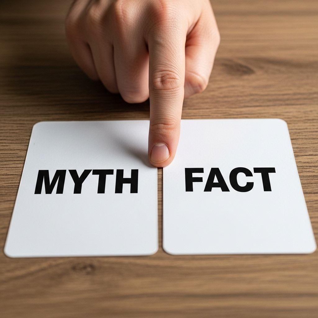 Ręka wskazująca na rozłożone karty ze słowami Mit i Fakt na drewnianym stole, symbolizujące rozróżnianie informacji