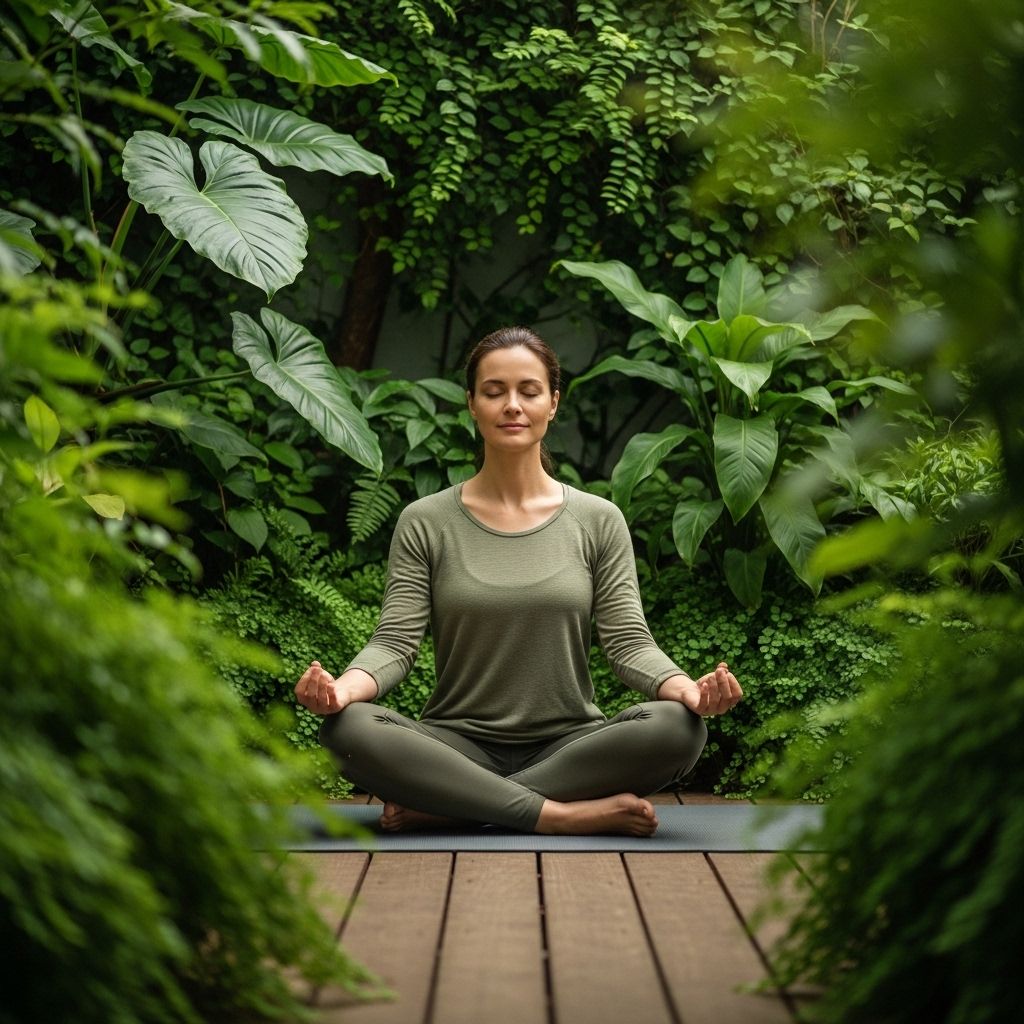 Osoba medytująca w spokojnym otoczeniu z naturalnymi roślinami, symbolizująca uważność i redukcję stresu